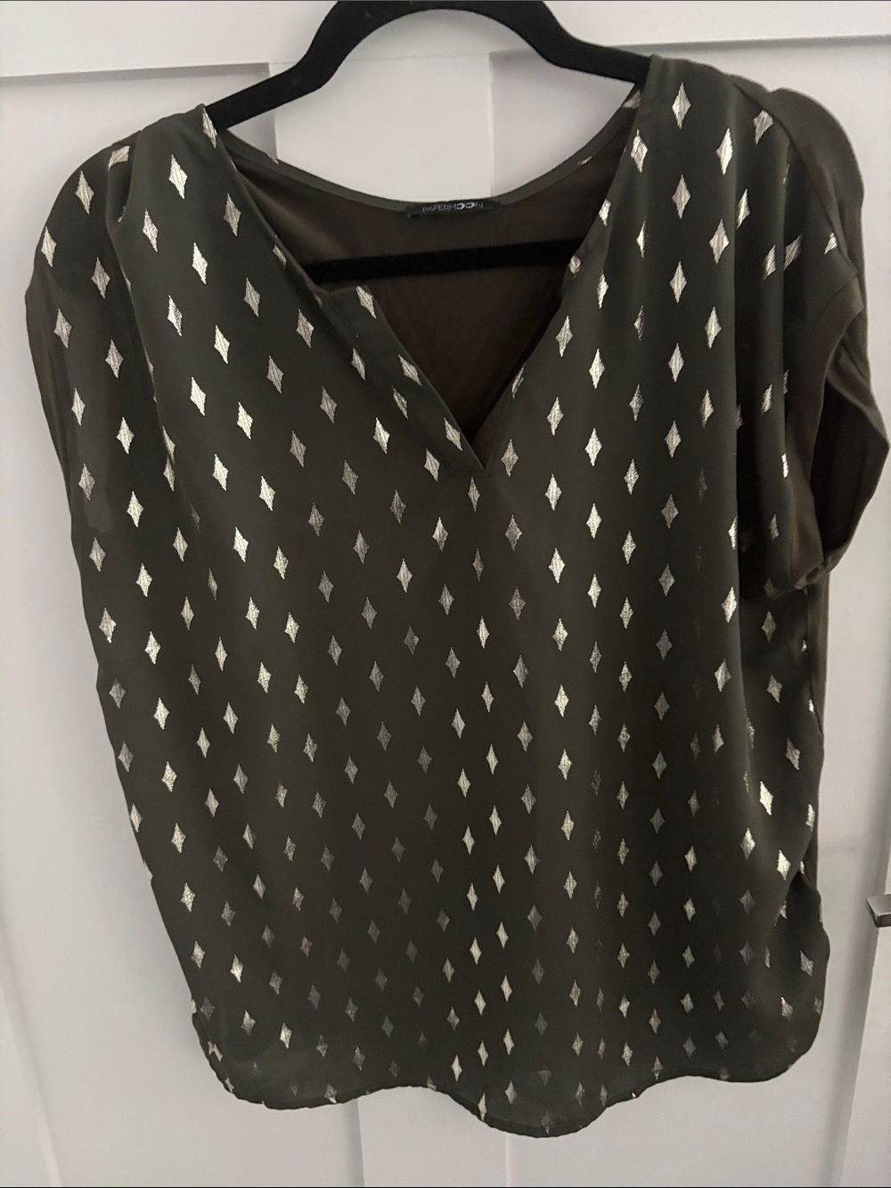 Papermoon Olive Green V-Neck Blouse with Silver Diamond Foil